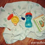 Photo of baby blanket, baby bottle and baby book.