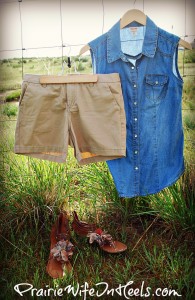 chambray top and tan shorts