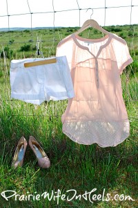 Sheer blouse with white shorts